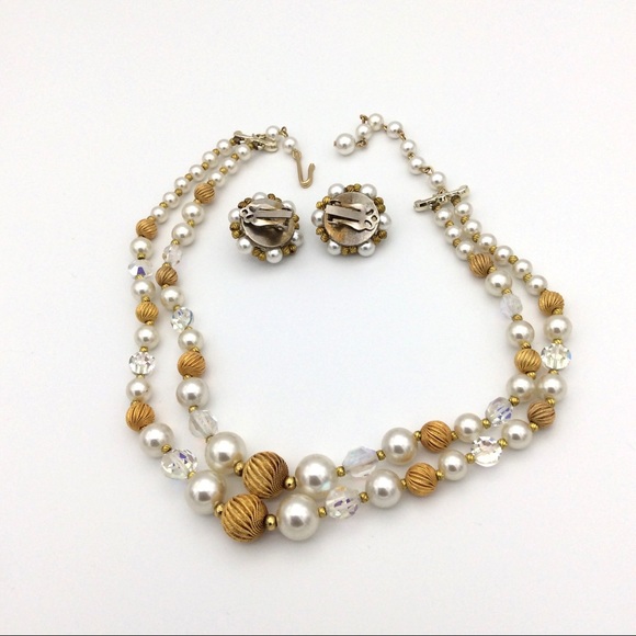 Vintage Jewelry Set Necklace Earrings Faux Pearl - Picture 5 of 6